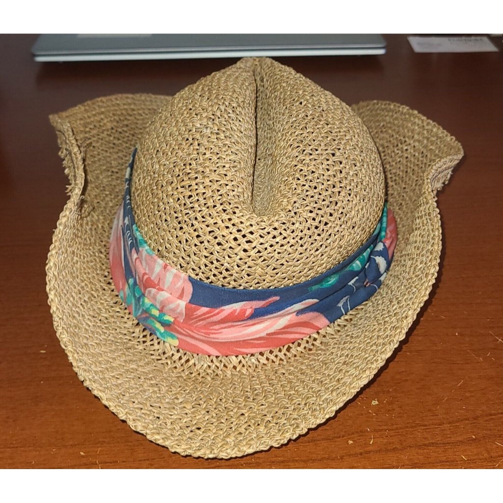 Vintage Straw Woven Panama Golf Hat Cap Tropical Band Small Cowboy Outback